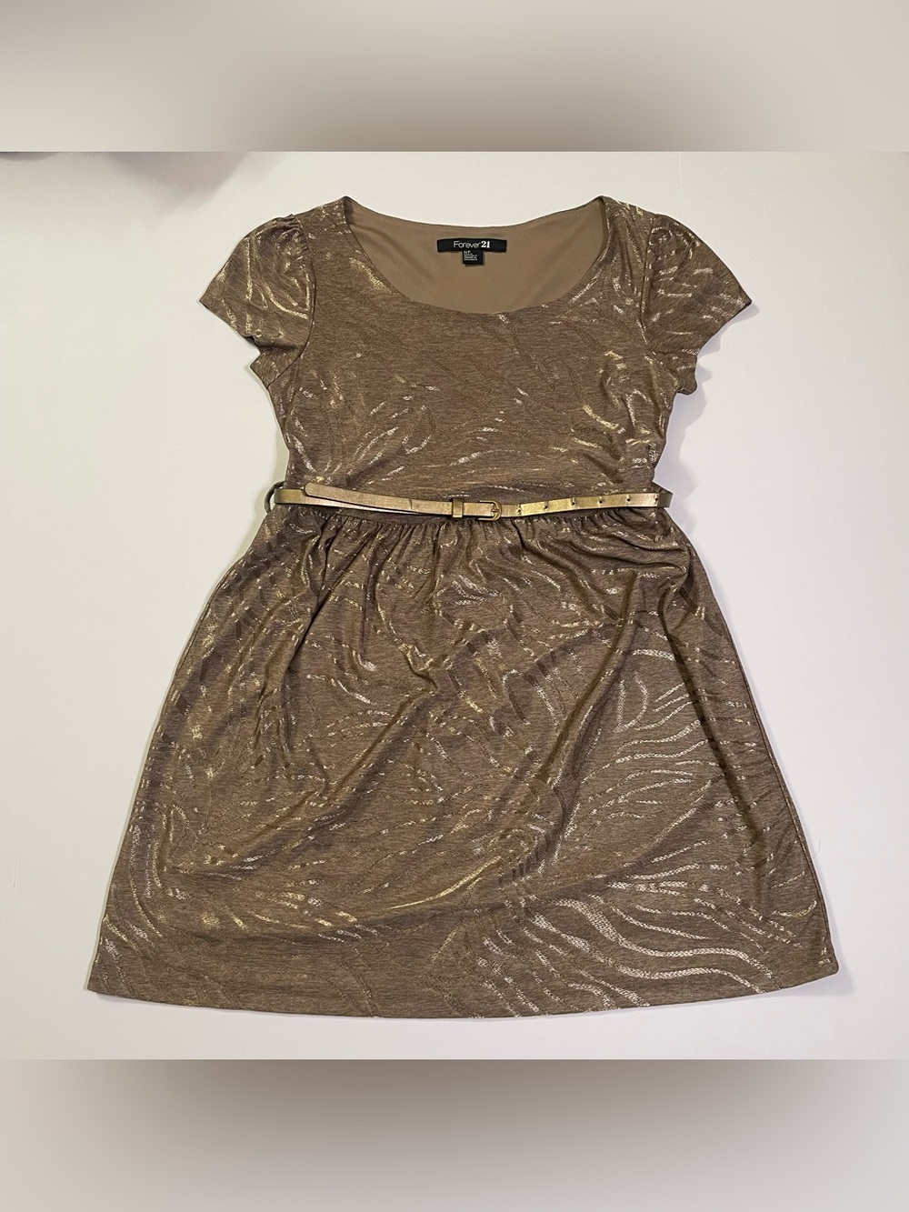 Forever 21 Gold Metallic Mid Length Dress with Detachable Gold Belt size S